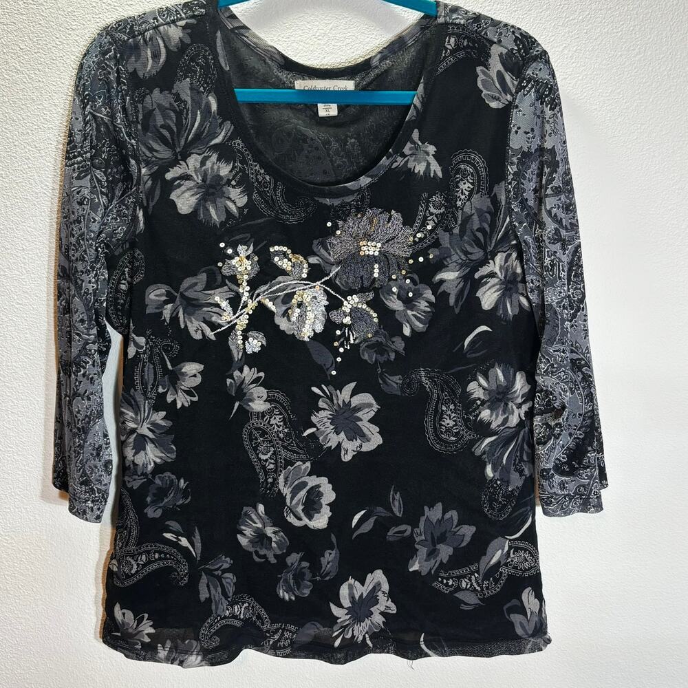 Coldwater Creek XL Floral Paisley Top Black Gray Sequin Embellished 3/4 Sleeve